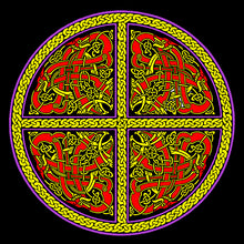 Load image into Gallery viewer, Hand Screen Printed 100% cotton short sleeve t-shirt with hand screenprinted Celtic Dragon and Celtic twist design in three colours.