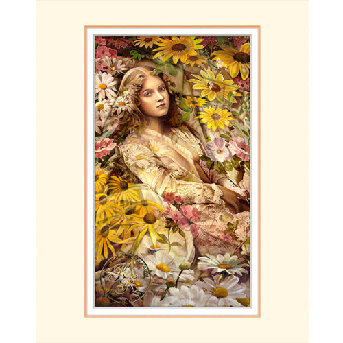 Kathryn Rutherford original Spirit Painting of a woman in a bed of Daisies and Black-eyed Susans.