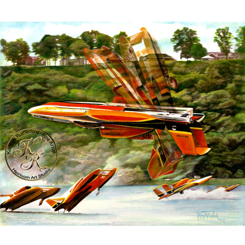 A Kathryn Rutherford Reproduction Print of The Bucket List Hydroplane Boat that flipped 360 degrees at the 2024 Madison Regatta Hydroplane Races.