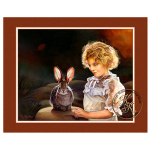 Hoppy, Look At Your Ears is a giclee print of an original oil painting depicting a young blond headed girl fascinated by the translucency of a rabbit's ears.