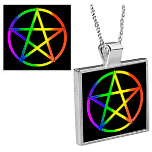 "Pentagram Rainbow"  is an original Kathryn Rutherford work of graphic art reproduced as a silver bezel pendant with 18 inch silver plated chain with bale clasp, printed on high gloss aluminum set inside a silver plated bezel.