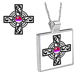 Celtic Cross with Pink Jewel Graphic Art Design in Silver Plated Bezel Pendant with Chain