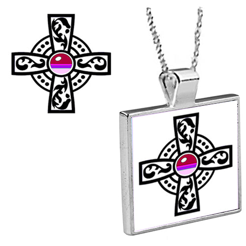 Celtic Cross with Pink Jewel Graphic Art Design in Silver Plated Bezel Pendant with Chain