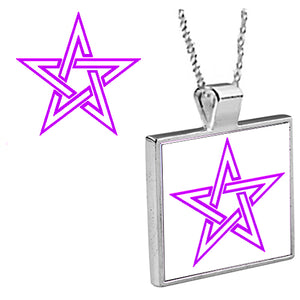 "Magenta Pentagram"  is an original Kathryn Rutherford work of graphic art reproduced as a silver bezel pendant with 18 inch silver plated chain with bale clasp, dye sublimation printed on high gloss aluminum set inside a silver plated bezel.