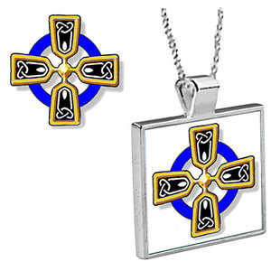 "Blue and Gold Celtic Cross" is an original Kathryn Rutherford work of graphic fine art reproduced as a silver bezel pendant with 18 inch silver plated chain with bale clasp.  Original graphic art design is dye sublimation printed on high gloss aluminum set inside a silver plated bezel.