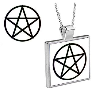 "Black Pentagram" is an original Kathryn Rutherford work of graphic fine art reproduced as a silver bezel pendant with 18 inch silver plated chain with bale clasp.  Original graphic art is dye sublimation printed on high gloss aluminum, set inside a silver plated bezel.
