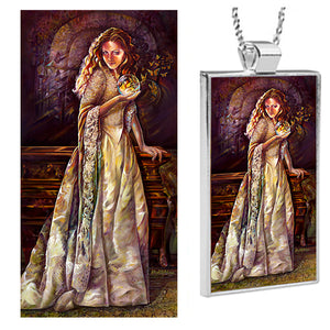 "Release Your Inner Light" is a Kathryn Rutherford Metaphysical painting dye sublimation printed on this silver plated bezel fine art pendant with chain.  The image printed on aluminum shows a woman bathed in sunlight holding a crystal ball and releasing not only her inner light but a kaleidoscope of Monarch butterflies. 