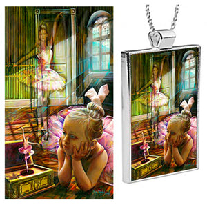 "Pas de Deux--A Dance For Two" is an original Kathryn Rutherford Fine Art Spirit Painting now available in this dye sublimation printed fine art silver plated bezel pendant showing a young ballerina's dreams of becoming a Prima Ballerina. 