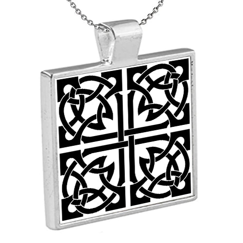 Black Celtic Squares Graphic Art Silver Plated Bezel Pendant with Chain