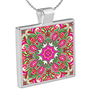 Pink Paisley is an original Kathryn Rutherford graphic design dye sublimation printed on an aluminum insert on a silver plated bezel pendant with chain. 