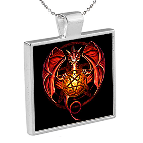 Dragon Pentagram is an original Kathryn Rutherford graphic design dye sublimation printed on aluminum and inserted in a silver plated bezel pendant with chain. 