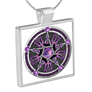 Purple Moon Pentagram is a Kathryn Rutherford graphic design dye sublimation printed on the aluminum insert of a silver plated bezel pendant with chain. 