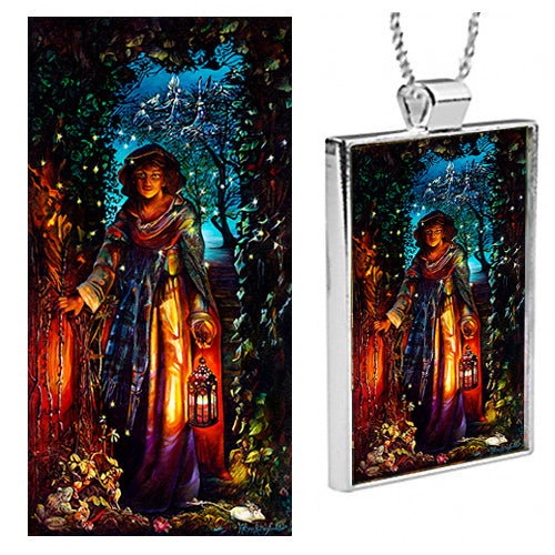 Kathryn Rutherford Fine Art giclee reproduction fine art print of A Midsummer Night Dream-woman with medieval lantern walking through a fantasy world at night and through an ivy covered archway with fairies, fireflies, a mouse and a toad. 