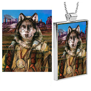 "Navajo Shapeshifters" a Kathryn Rutherford Fine Art Spirit Painting dye sublimation image set in a silver plated bezel pendant of a Navajo folklore of shapeshifting Native American Indians set in Monument Valley, Arizona. 