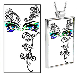 "Art Nouveau Blue Eyes"  is an original Kathryn Rutherford work of graphic art reproduced as a silver pendant with 18 inch silver plated chain with bale clasp.  Original graphic art design is dye sublimation printed on high gloss aluminum set inside a silver plated bezel.