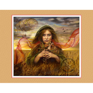 "Going Where The Wind Takes Me" a fine art giclee reproduction print of an original Kathryn Rutherford Fine Art Metaphysical fantasy painting based upon the colour Yellow and showing a woman in a wheat field with blowing hair and a transparent coral silk scarf with crows and a fantasy air ship flying through the sky.