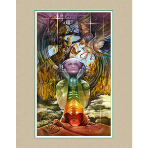 "Healing From The Inside" is a giclee reproduction print of an original Kathryn Rutherford original fine art Metaphysical painting depicting a woman in the Yoga Lotus position honouring the healing properties of the Phoenix Bird and Hawk while displaying the seven colours of the sacred Shakra.