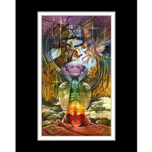 "Healing From The Inside" is a giclee reproduction print of an original Kathryn Rutherford original fine art Metaphysical painting depicting a woman in the Yoga Lotus position honouring the healing properties of the Phoenix Bird and Hawk while displaying the seven colours of the sacred Shakra.