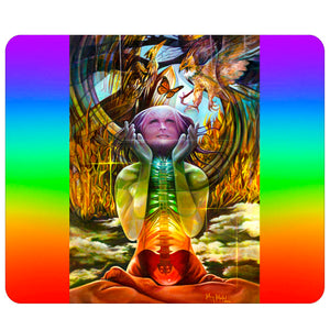 "Healing From The Inside" is a rubber backed polyester mousepad with a dye sublimation image of an original Kathryn Rutherford original fine art Metaphysical painting depicting a woman in the Yoga Lotus position honouring the healing properties of the Phoenix Bird and Hawk while displaying the seven colours of the sacred Shakra.
