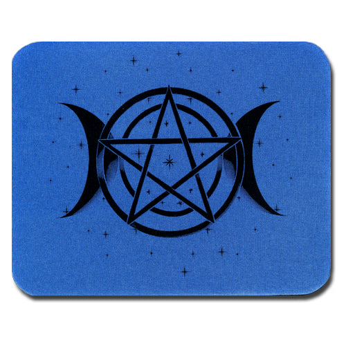 Rubber backed polyester mousepad with a dye sublimation image of a  Kathryn Rutherford original work of graphic design depicting a Pentagram, Stars, and the Triple Moon Symbol.