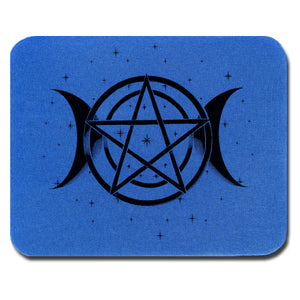 Rubber backed polyester mousepad with a dye sublimation image of a  Kathryn Rutherford original work of graphic design depicting a Pentagram, Stars, and the Triple Moon Symbol.
