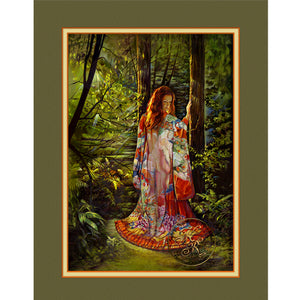 "Communing With Nature" a Kathryn Rutherford Fine Art giclee reproduction print of a semi-nude woman with flaming red hair bathed in the sunlight forest wearing a vintage Japanese wedding Kimono.