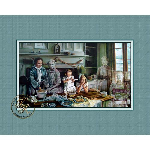 Kathryn Rutherford Fine Art giclee reproduction fine art Spirit Painting print of young children helping in Grandma's kitchen while ghosts of ancestors watch over the food preparations.