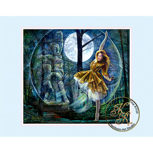Dancing In The Moonlight, an original Kathryn Rutherford oil painting depicting a woman performing a creative dance in a moonlit forest. 