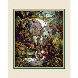 "Dinosaur Hunting"--a fine art giclee reproduction Spirit Painting print of an adventure as these adorable youngsters play in the woods with their dinosaur toys and hunt for dinosaur bones beneath the ground.