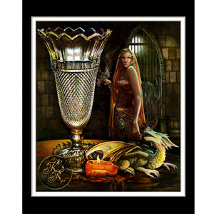 This Kathryn Rutherford Fine Art Metaphysical Spirit Painting reproduction giclee print depicts an ornate crystal glass vase with a massive number of triangular deep cuts that inspired this painting of an exotic female standing in a Gothic setting backlit by the beams of a full moon.  She holds a young Dragling as the mother dragon, lit by the glow of candlelight fire watches her baby and guards the precious ice crystal vase. 