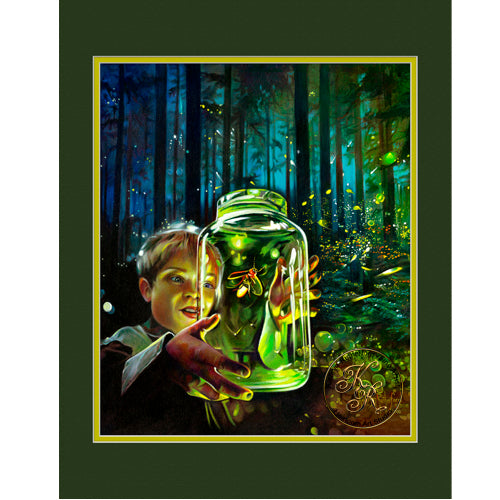 Kathryn Rutherford Fine Art giclee reproduction fine art print of a young boy capturing the syncrhonized fireflies in the Great Smoky Mountains National Park.