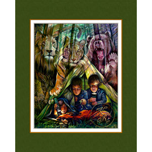 "Lions, Tigers, and Bears. OH MY!" a Kathryn Rutherford Fine Art giclee reproduction print of three young boys camping in the woods while a lion, a tiger, and a bear look on from the dark woods.