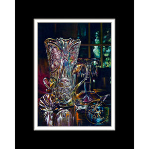 "Midnight Crystal"-a Kathryn Rutherford Fine Art reproduction giclee print displaying treasured objects of a cut glass crystal vase, a glass heart-shaped perfume bottle, crystal candle stick with bobeches drop crystals, and a hand blown glass swan creating a still life full of rainbows of reflected colour.