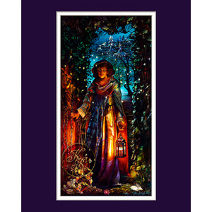 "A Mid-Summer Night Dream"-a Kathryn Rutherford Metaphysical Spirit Painting giclee reproduction fine art print of a woman walking through an ivy-covered arch holding an Eastern lantern to light up the creatures of the night, toads, mice, fairies, and sprites with fireflies glowing all around.