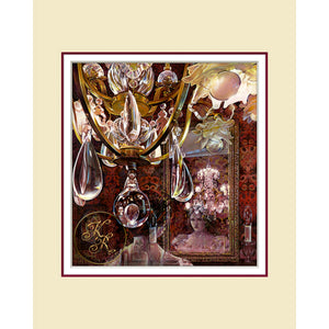 "Mirror, Mirror on the Wall"-a fine art Spirit Painting reproduction giclee print of an ornate glass and brass chandelier reflecting in a gold framed mirror while ghostly spirits appear in and out of the mirror. 