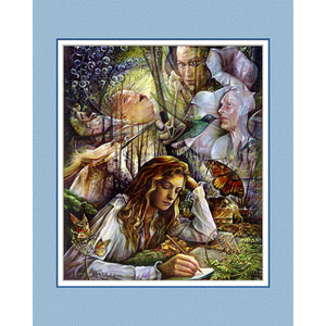 "A Moment With My Thoughts"-a Metaphysical Kathryn Rutherford Fine Art Spirit Painting giclee reproduction print of a woman writing in her journal with ghostly figures of the four stages of a woman's life with symbolic images of butterflies and unicorns. 