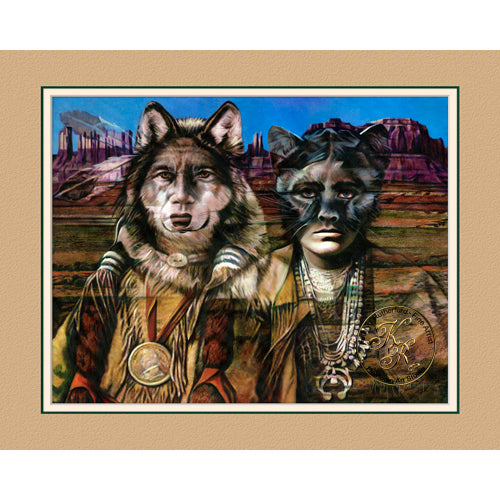 In this Metaphysical Spirit Painting artist, Kathryn Rutherford, depicts the Navajo Shapeshifter folklore myth that the high Shaman can put on animal skins and shapeshift from humans into the animals of the wolf and cougar.