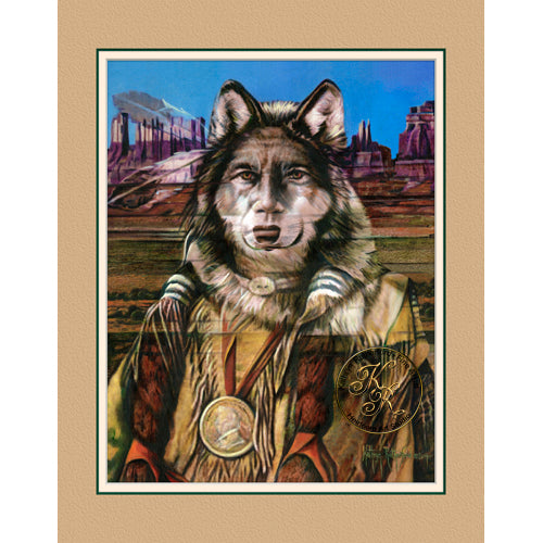 This Kathryn Rutherford Metaphysical Spirit Painting depicts the Navajo Shapeshifter folklore myth that the high Shaman can put on animal skins and shapeshift from human form into the animal form of a wolf.