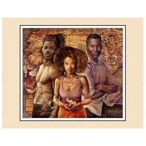 Not Everything Is Black And White-An original Kathryn Rutherford Fine Art Giclee Reproduction Print of persons of colour showing Lion And Tiger symbols of strength and a 1520 map of Africa. 
