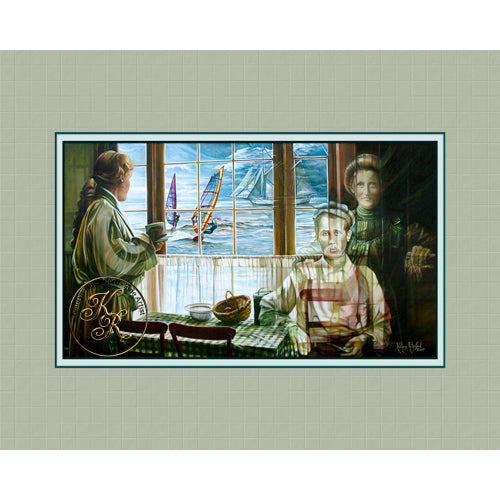 Kathryn Rutherford Fine Art giclee reproduction fine art Spirit Painting of artist, Kathryn Rutherford, ghosts of her Great Grandparents, and sailboarders and a sailing ship on the waters of Lake Erie, in the Great Lakes. 