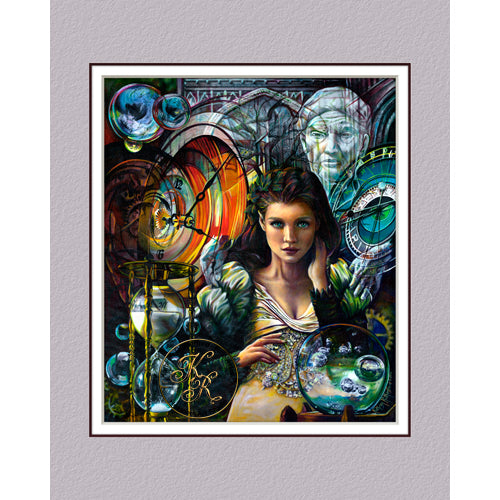 Time passes through the ages from womanhood to old age in this giclee reproduction print of a Spirit Painting inspired by the brass hourglass that artist, Kathryn Rutherford purchased in Las Vegas, next to the Pawn Shop. Throughout time a young woman ages to a transparent Crone while clocks and time pieces mark the ages and the Tree of Life stands the test of time.