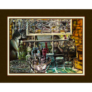 "Peek A Boo" is an original Kathryn Rutherford Fine Art Spirit Painting of young children peeking into an antique store window where crystal and glass objects are on display and a Tuxedo and Maine Coon Cat watch.
