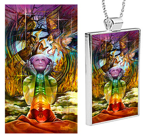 "Healing From The Inside" is a dye sublimation aluminum fine art reproduction in a silver plated bezel pendant with chain of an original Kathryn Rutherford fine art Metaphysical painting depicting a woman in the Yoga Lotus position honouring the healing properties of the Phoenix Bird and Hawk while displaying the seven colours of the sacred Shakra.