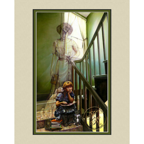 This Kathryn Rutherford Fine Art Spirit Painting depicts a young girl sitting on the stairs with her cat reading books while transparent ghosts watch her.
