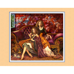 This Kathryn Rutherford Fine Art reproduction giclee print depicts two beautiful maidens sitting on a velvet chaise lounge after having afternoon tea while the Victorian floral wallpaper comes to life and the blue heron cranes escape out the window to freedom.