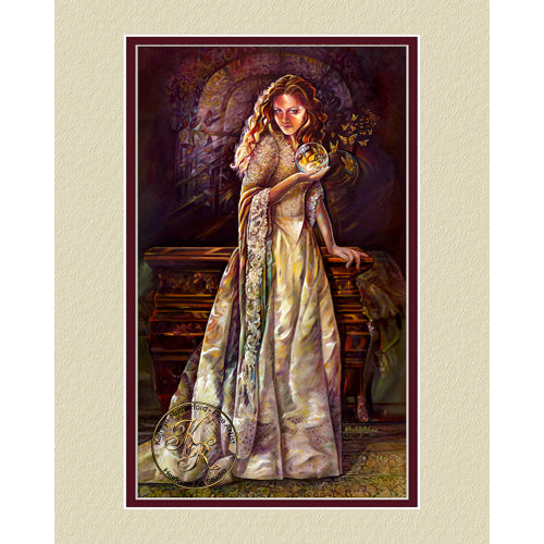 In this Kathryn Rutherford Fine Art Metaphycal giclee reproduction print a young woman is bathed in sunlight while holding a crystal ball that allows her inner light to release her energy and a kaleidoscope of butterflies.