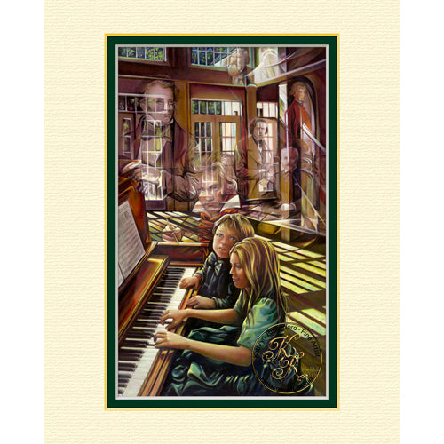 Kathryn Rutherford Fine Art giclee reproduction fine art Spirit Painting print of children practicing on the piano with famous composers like Schubert, Beethoven, Chopin, Tchaikovsky, Mozart, and Brahms look on. 