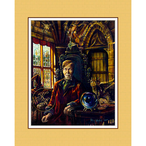 Kathryn Rutherford Fine Art giclee reproduction fine art Spirit Painting print of a Wizard, a dragon, a griffon, a sprite, and a crystal ball. 